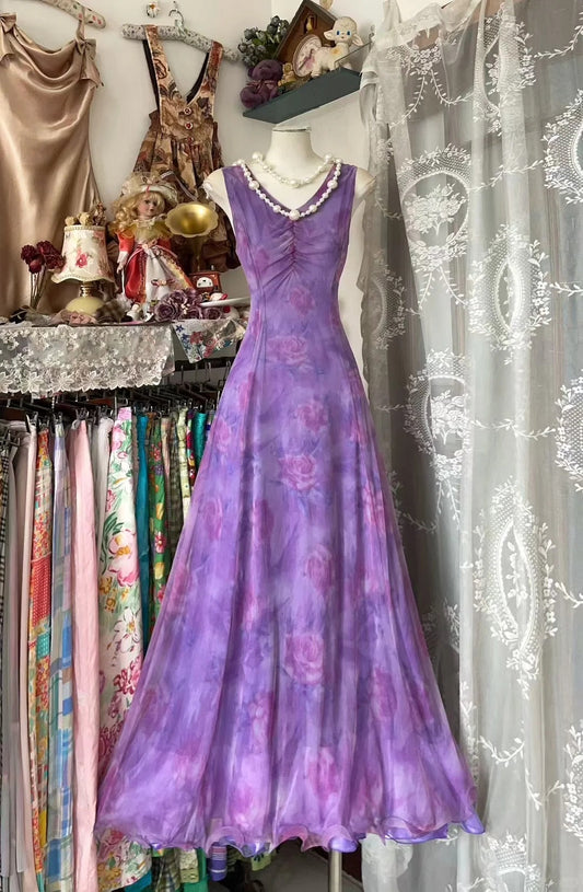Elegant Purple A-Line Evening Gowns V-neck Floral Chiffon Long Prom Dresses Vintage Birthday Dress ED03683
