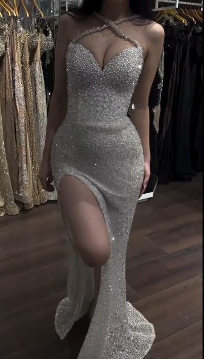 White Mermaid Evening Gowns Halter Beaded Long Prom Dresses Sparkly Slit 23rd Birthday Dress HZ1024