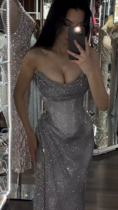 Elegant Grey Sheath Evening Gowns Strapless Tulle Long Prom Dresses Sparkly Graduation Dress ED03685