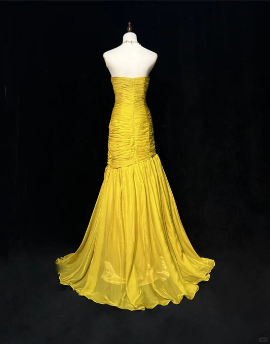 Elegant Yellow Mermaid Evening Gowns Strapless Tulle Long Prom Dresses Vintage Formal Dresses ED03686