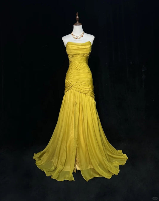 Elegant Yellow Mermaid Evening Gowns Strapless Tulle Long Prom Dresses Vintage Formal Dresses ED03686