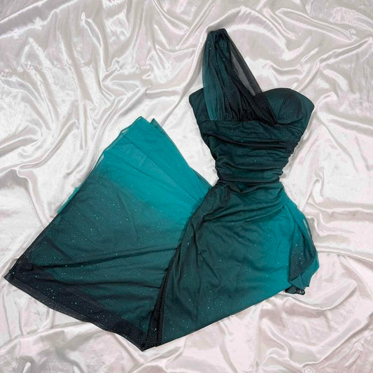 Gradient Jade Sheath Formal Dress One Shoulder Glitter Chiffon Evening Gowns sweet 18th Birthday Dress HZ1024