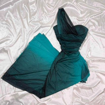 Elegant Gradient Jade Sheath Formal Dress One Shoulder Glitter Chiffon Evening Gowns sweet 18th Birthday Dress ED03688