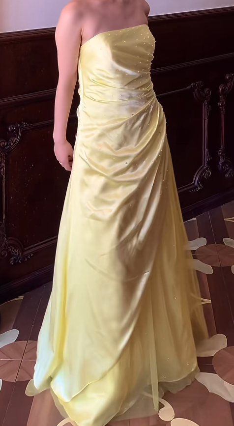 Vintage Butter Yellow Sheath Formal Dress Elegant Strapless Satin Chiffon Evening Gowns Beaded Graduation Prom Dresses ED03689