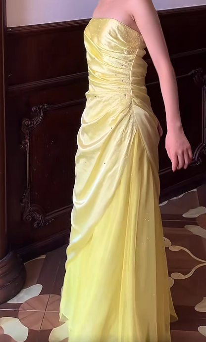 Vintage Butter Yellow Sheath Formal Dress Elegant Strapless Satin Chiffon Evening Gowns Beaded Graduation Prom Dresses ED03689