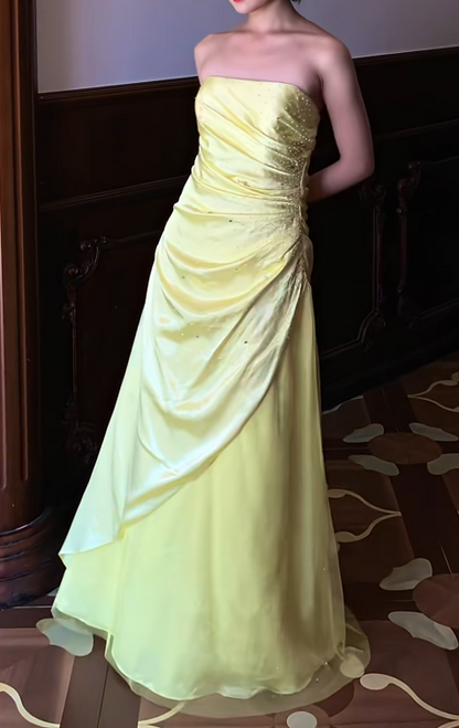 Vintage Butter Yellow Sheath Formal Dress Elegant Strapless Satin Chiffon Evening Gowns Beaded Graduation Prom Dresses ED03689