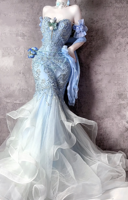 Stunning Sweetheart Blue Sheath Formal Dress Elegant Tulle Applique Evening Gown Beaded Birthday Outfit ED03691