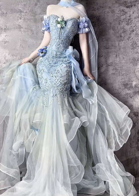 Stunning Sweetheart Blue Sheath Formal Dress Elegant Tulle Applique Evening Gown Beaded Birthday Outfit ED03691