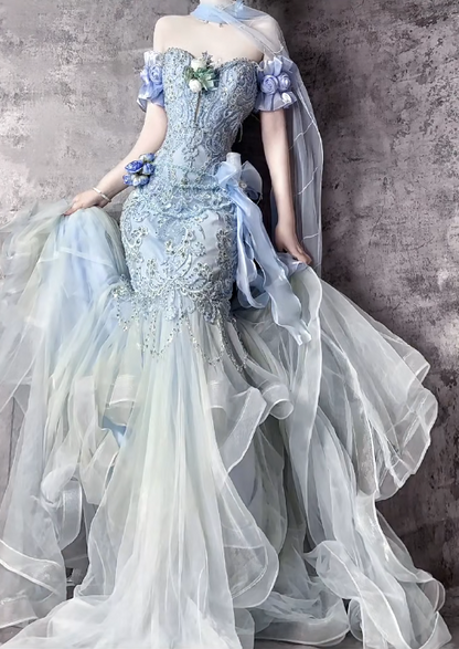 Stunning Sweetheart Blue Sheath Formal Dress Elegant Tulle Applique Evening Gown Beaded Birthday Outfit ED03691