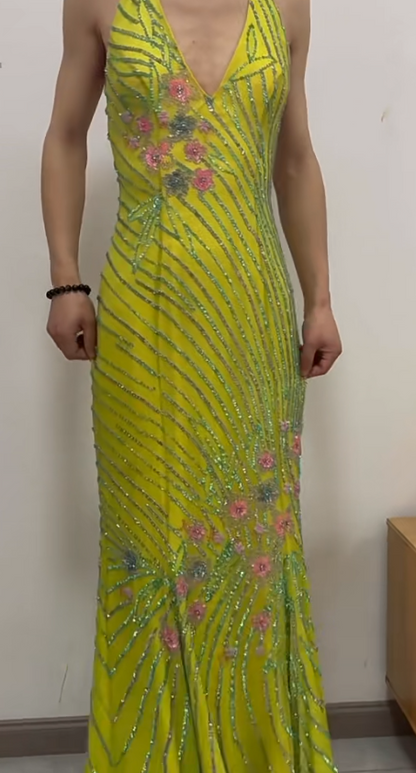 Vintage Yellow Memaid Formal Dress Elegant Beaded Halter Evening Gowns Backless Graduation Dress ED03692