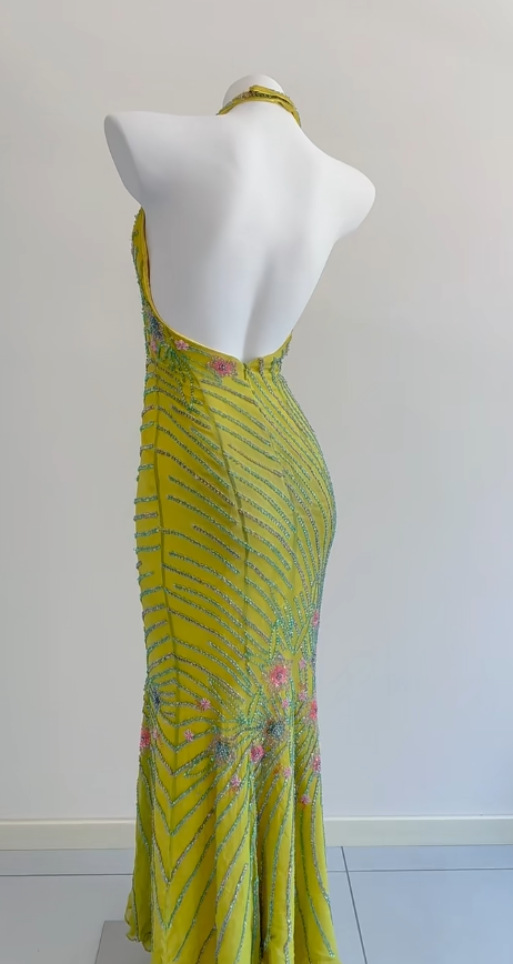 Vintage Yellow Memaid Formal Dress Elegant Beaded Halter Evening Gowns Backless Graduation Dress ED03692