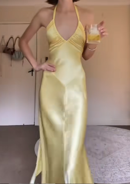 Modest Yellow Sheath Formal Dress Elegant Halter Satin Birthday Dress Backless Evening Dress ED03694