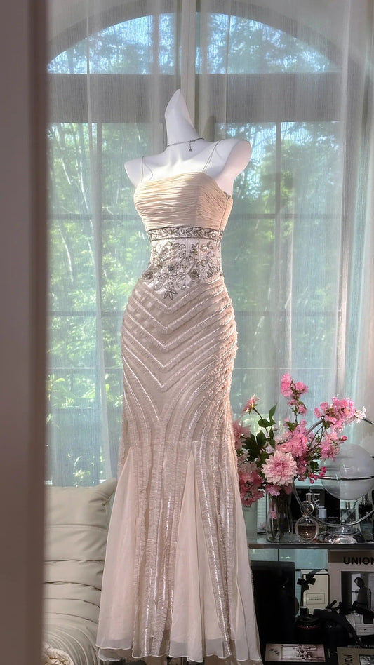 Vintage Light Champagne Mermaid Evening Gown Tulle Spaghetti Strap Appliqué Long Prom Dresses ED03697