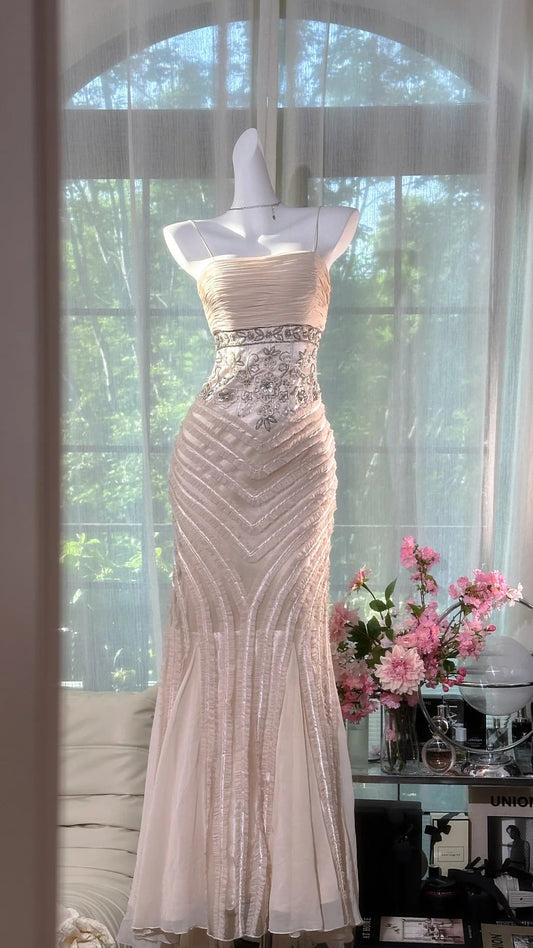 Vintage Light Champagne Mermaid Evening Gown Tulle Spaghetti Strap Appliqué Long Prom Dresses ED03697