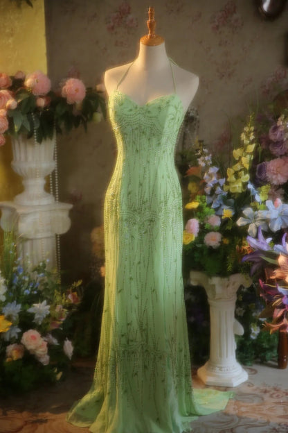 Fairytale Green Sheath Beaded Graduation Dress Spaghetti Straps Open Back Vintage Evening Gown 18th Birthday DressED03698