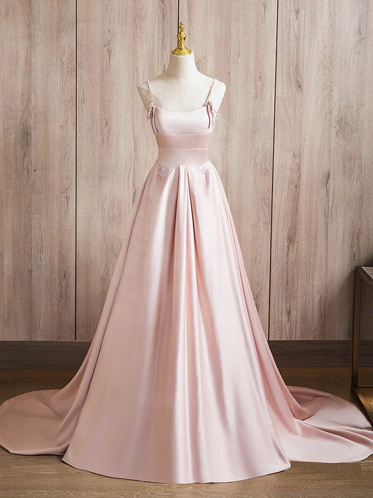 A-Line Satin Beads Pink Long Prom Dress, Pink Long Formal Dress ED036