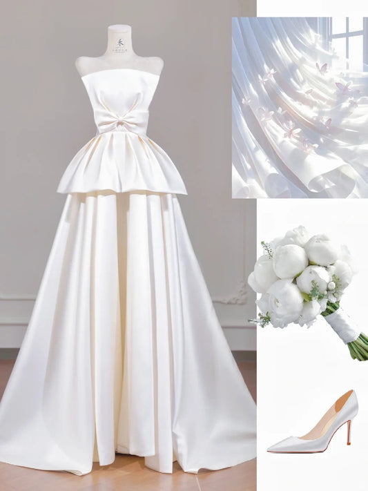 Strapless Bridal Dress Lace Satin Bow A-Line Wedding Dress Bridal Dress HZ1024