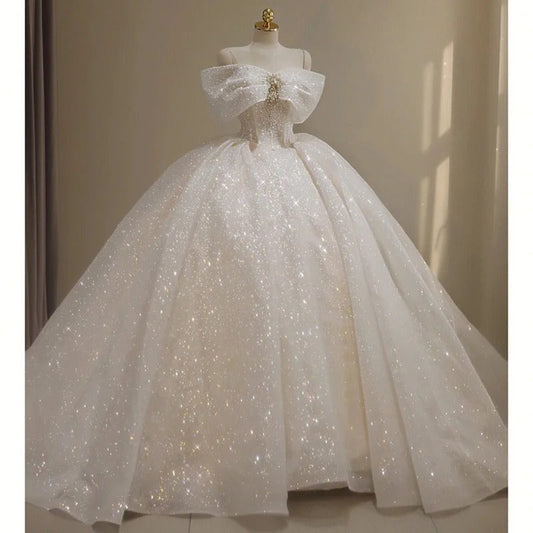 Off-the-shoulder Ball Gown Bridal Dress Glitter Tulle Wedding Dress Beaded Bridal Gown HZ1024