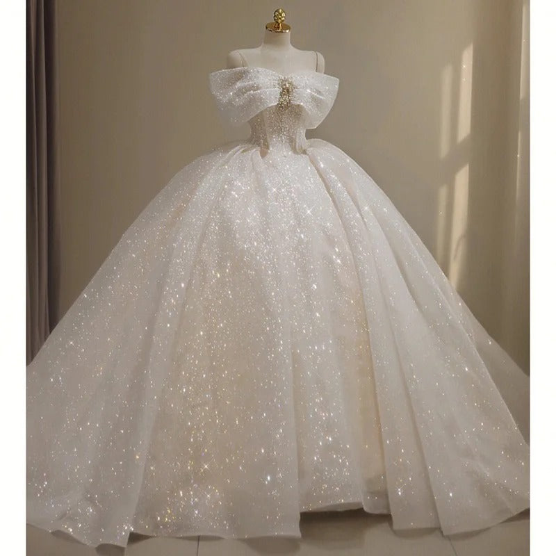 Elegant Off-the-shoulder Ball Gown Bridal Dress Glitter Tulle Wedding Dress Beaded Bridal Gown ED03701
