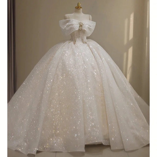 Elegant Off-the-shoulder Ball Gown Bridal Dress Glitter Tulle Wedding Dress Beaded Bridal Gown ED03701