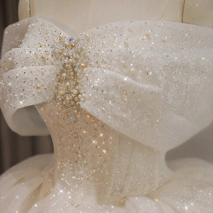Elegant Off-the-shoulder Ball Gown Bridal Dress Glitter Tulle Wedding Dress Beaded Bridal Gown ED03701