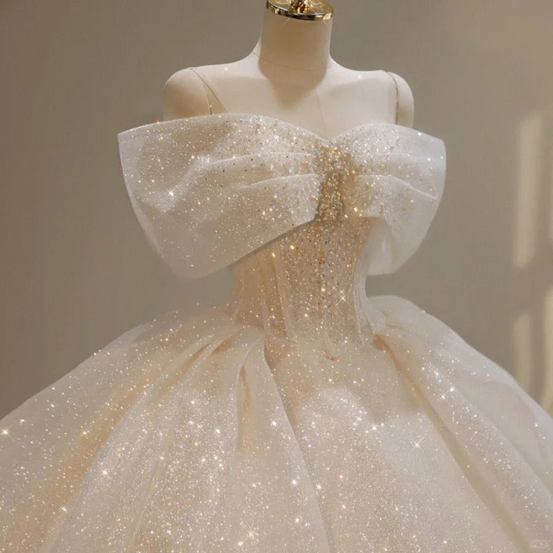 Elegant Off-the-shoulder Ball Gown Bridal Dress Glitter Tulle Wedding Dress Beaded Bridal Gown ED03701