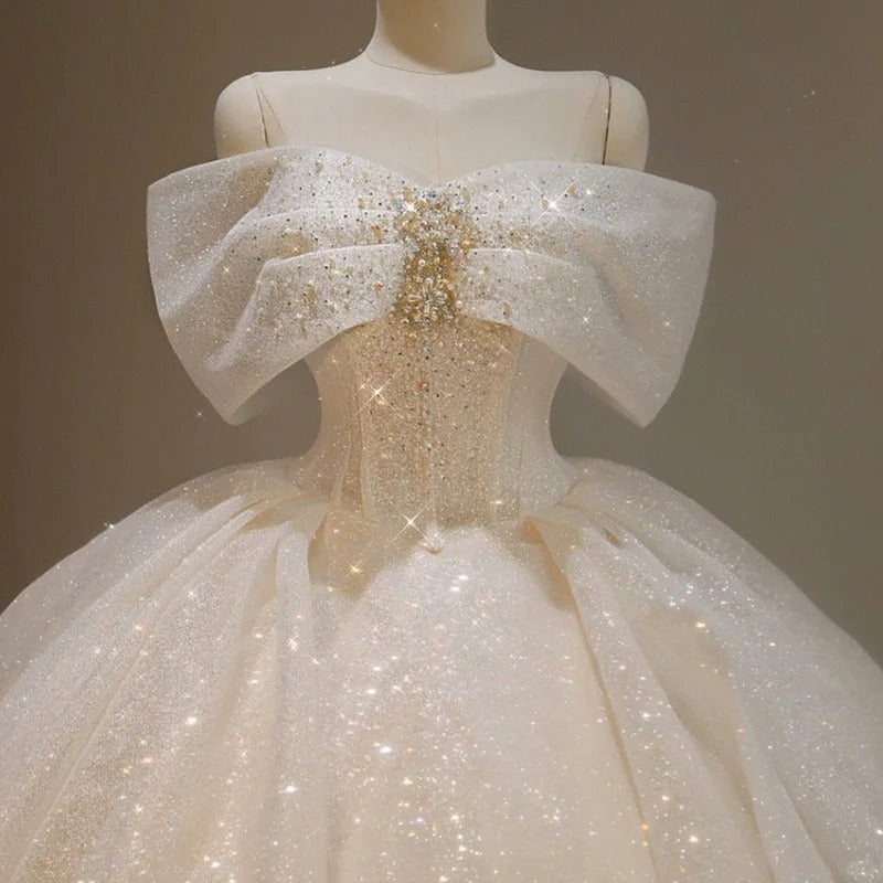 Elegant Off-the-shoulder Ball Gown Bridal Dress Glitter Tulle Wedding Dress Beaded Bridal Gown ED03701
