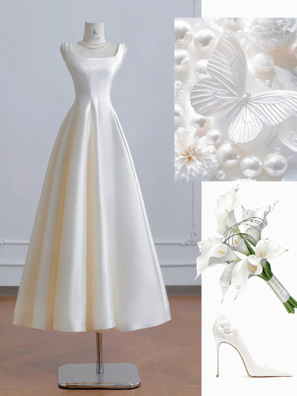 Ivory Square Neck Bridal Dress A-Line Satin Wedding Dress Simple Bridesmaid Dress HZ1024