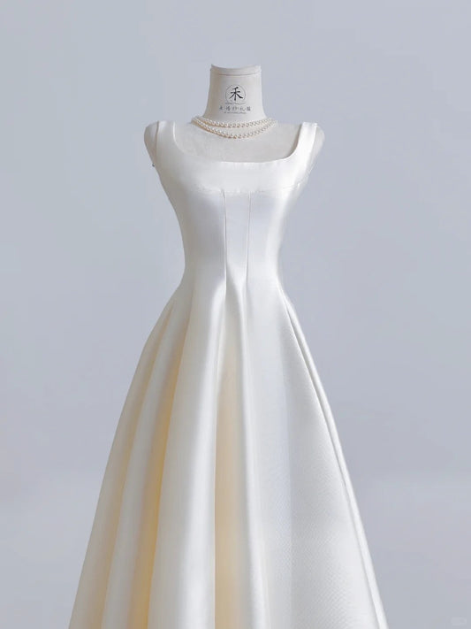 Ivory Square Neck Bridal Dress A-Line Satin Wedding Dress Simple Bridesmaid Dress HZ1024
