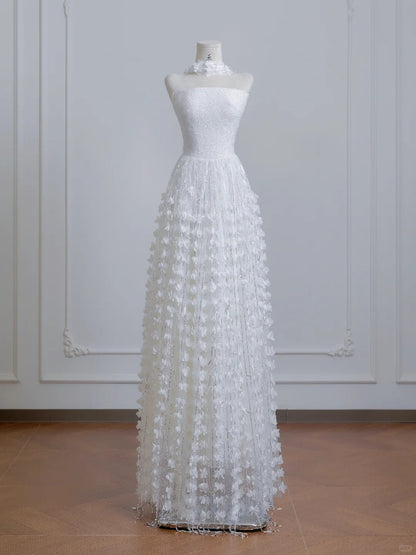Elegant Ivory Strapless Bridal Gown A-Line Tulle Beaded Wedding Dress Modest Applique Bridal Dress ED03704
