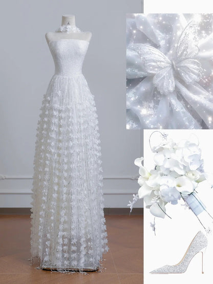 Elegant Ivory Strapless Bridal Gown A-Line Tulle Beaded Wedding Dress Modest Applique Bridal Dress ED03704