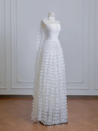Elegant Ivory Strapless Bridal Gown A-Line Tulle Beaded Wedding Dress Modest Applique Bridal Dress ED03704
