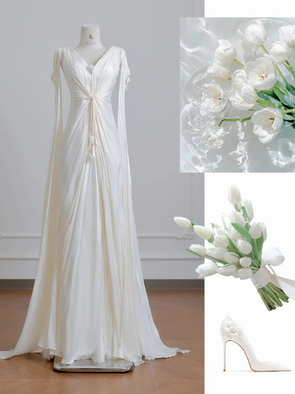 Elegant Light Champagne V-Neck Bridal Gown Sheath Chiffon Wedding Dress Modest Applique Bridal Dress ED03705