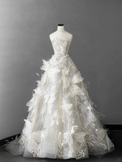 White A-Line Bridal Gown Strapless Beaded Sequin Wedding Dress Modest 3D Butterfly Bridal Dress HZ1024