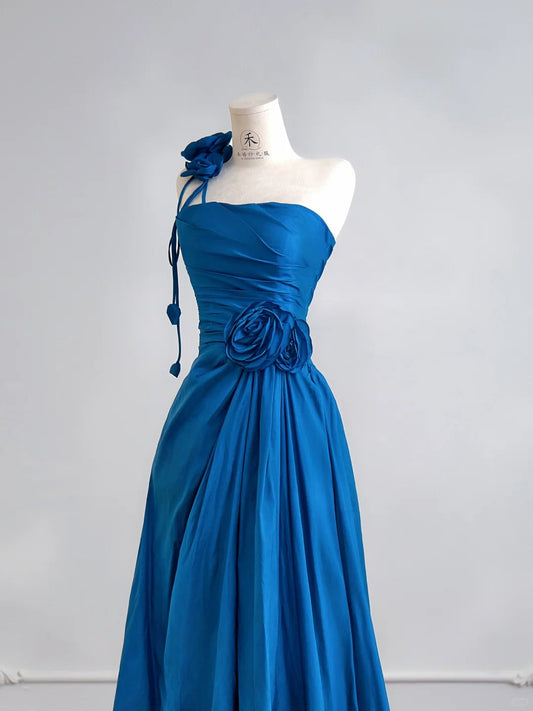Elegant Blue A-Line Evening Dress Satin Birthday Wear Strapless Graduation Prom Dresses ED03708