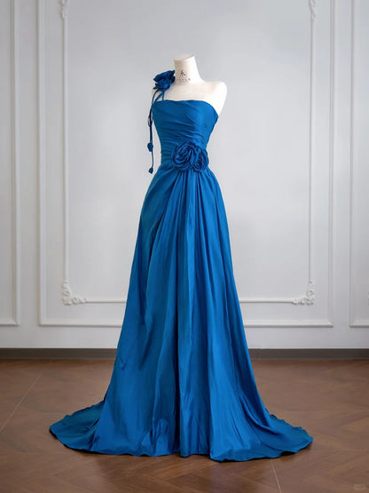 Elegant Blue A-Line Evening Dress Satin Birthday Wear Strapless Graduation Prom Dresses ED03708