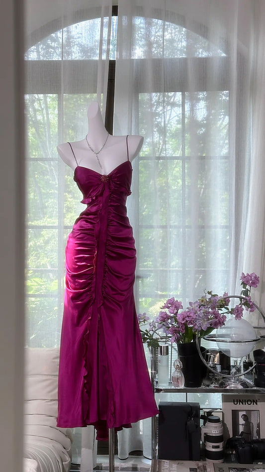 Fuchsia Sheath Evening Dress Satin Birthday Outfit Spaghetti Straps Vintage Party Dresses HZ1024