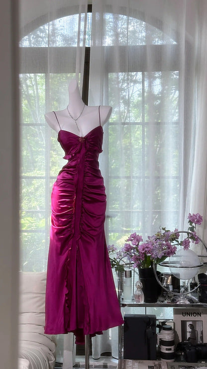 Elegant Fuchsia Sheath Evening Dress Satin Birthday Outfit Spaghetti Straps Vintage Party Dresses ED03709