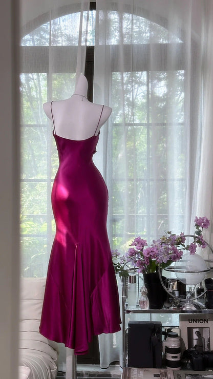 Elegant Fuchsia Sheath Evening Dress Satin Birthday Outfit Spaghetti Straps Vintage Party Dresses ED03709