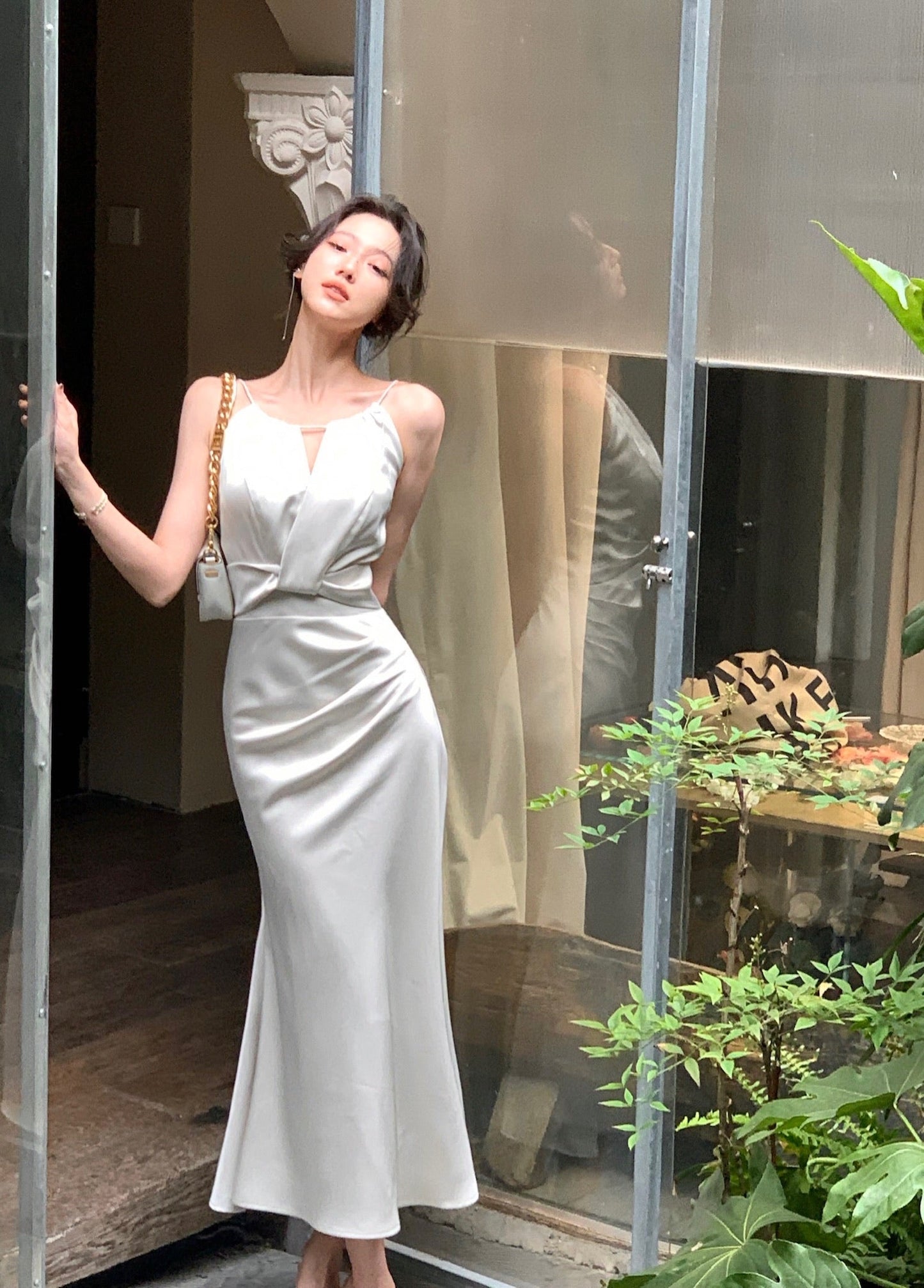 Light Green Halter Neck Satin Strap Fishtail Dress ED0370