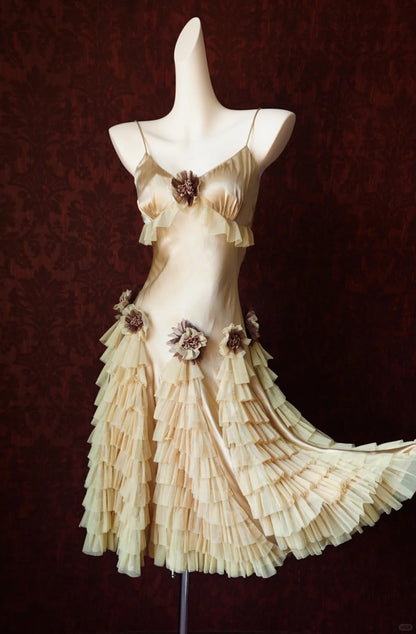 Light Champagne Sheath Birthday Dress Vintage Satin Tiered Tulle Short Formal Dress with Appliques HZ1024