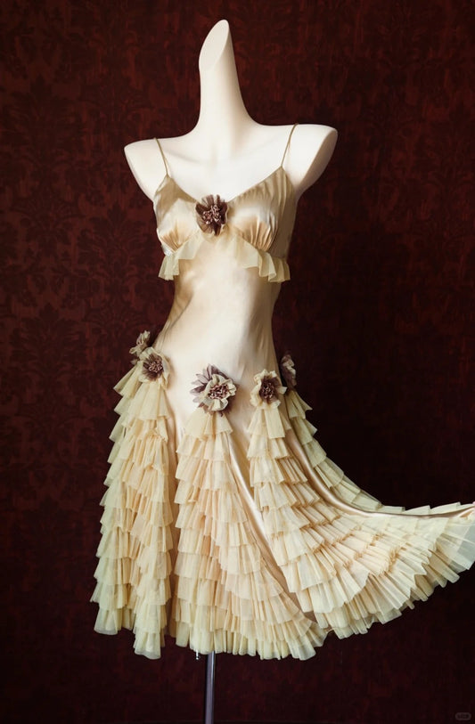Light Champagne Sheath Birthday Dress Vintage Satin Tiered Tulle Short Formal Dress with Appliques HZ1024