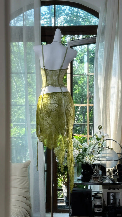 Elegant Green Lace Spaghetti Strap Two-Piece Pool Party Dress Cocktail Dress ED03713