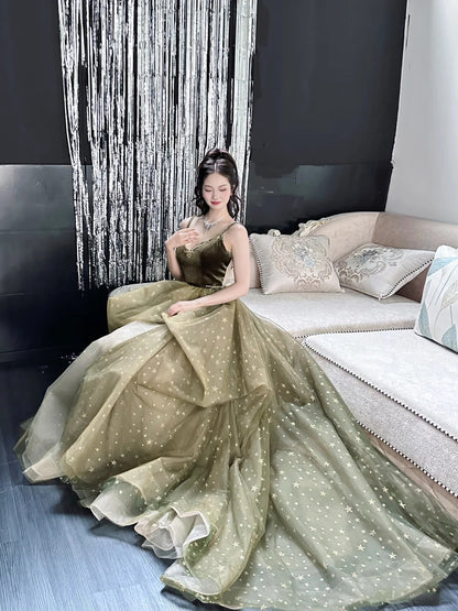Olive Green A-Line Long Prom Dresses Tulle Spaghetti Strap Evening Dress Sweet 16 Dress HZ1024