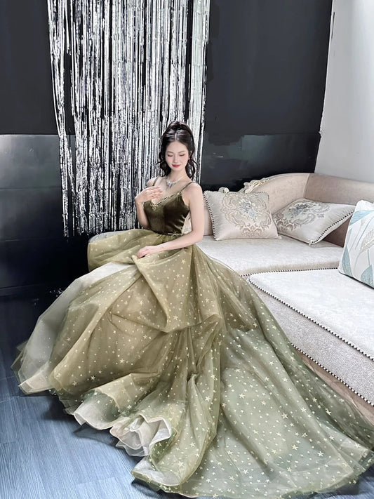 Olive Green A-Line Long Prom Dresses Tulle Spaghetti Strap Evening Dress Sweet 16 Dress HZ1024