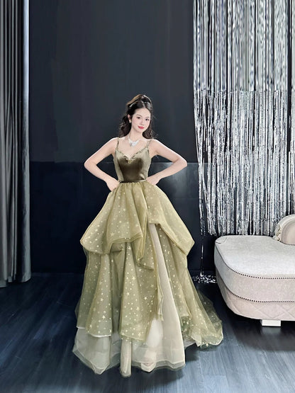Olive Green A-Line Long Prom Dresses Tulle Spaghetti Strap Evening Dress Sweet 16 Dress HZ1024