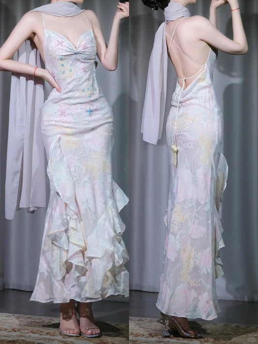 Elegant Mermaid Long Prom Dresses Printed Chiffon Spaghetti Straps Formal Evening Dress Open Back Party Dress ED03717