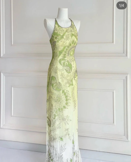 Green Sheath Long Prom Dresses Elegant Beaded Chiffon Formal Dress Sleeveless Round Neck Evening Dress HZ1024