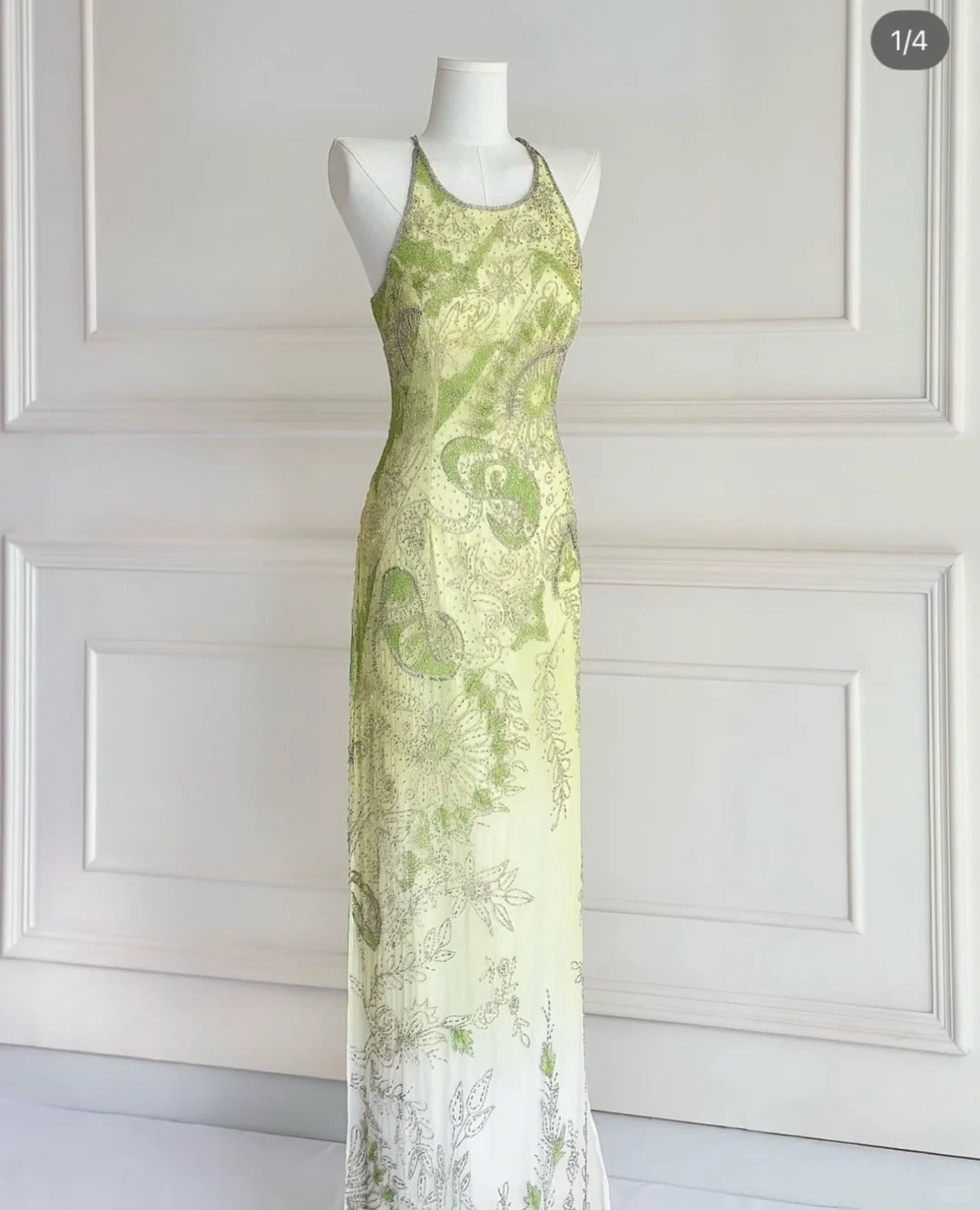 Vintage Green Sheath Long Prom Dresses Elegant Beaded Chiffon Formal Dress Sleeveless Round Neck Evening Dress ED03718