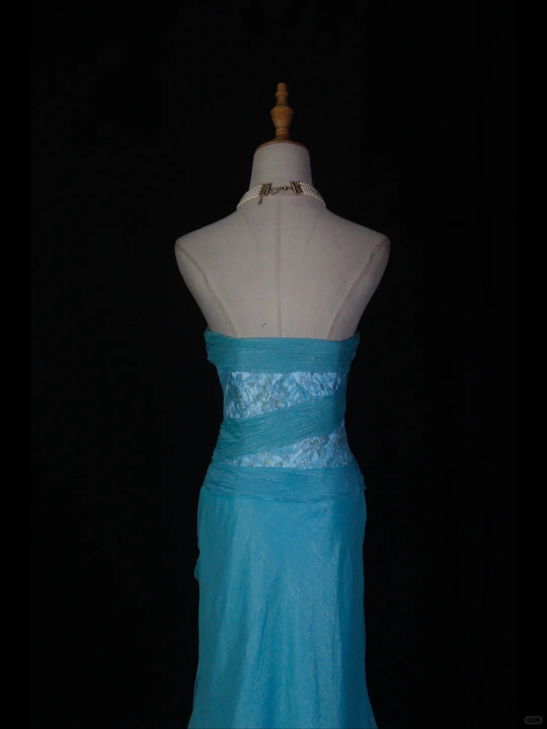 Vintage Blue Mermaid Long Prom Dress Strapless Lace Sparkly Evening Gown Chiffon Formal Dress ED03721